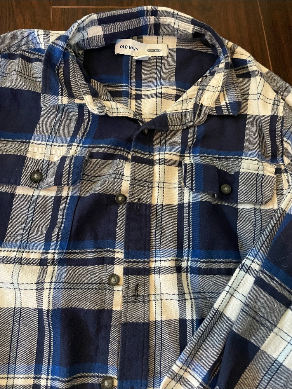 Old Navy Navy Blue, White & Light Blue Plaid Button-Down Shirt Sz 14/16